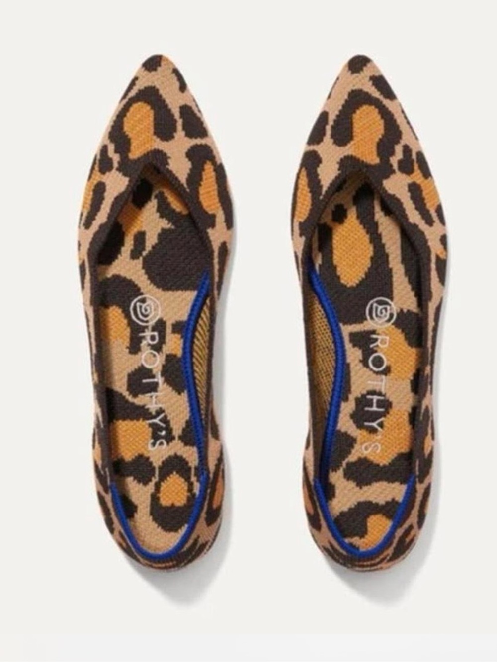 Rothy's The Point Big Cat Leopard Print Pointed Flats Tan Black Knit Fabric 6.5